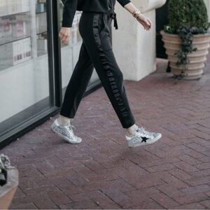 Club Monaco Black Satin Side Stripe Pant with Satin Drawstring Waist. Size SP